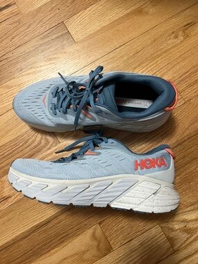 Hoka Kids Light Blue Sneakers with Coral Branding